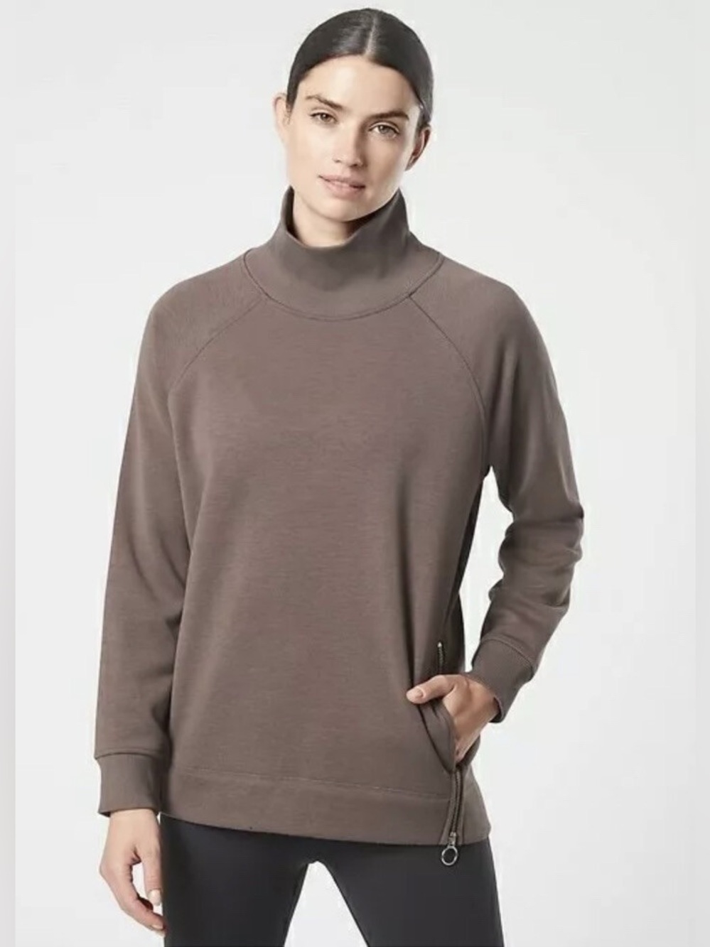 Athleta Cozy Karma Side Zip Funnel Neck Sweatshirt Sweater Brown Size Small NWT